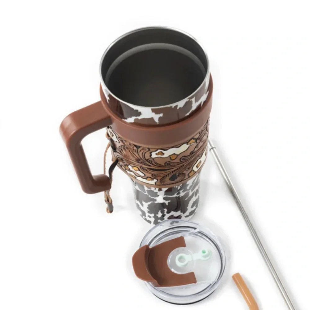 NWT Myra Cow Print Travel Mug with Brown Lid and Handle Hand Tooled Leather Wrap - Picture 4 of 6